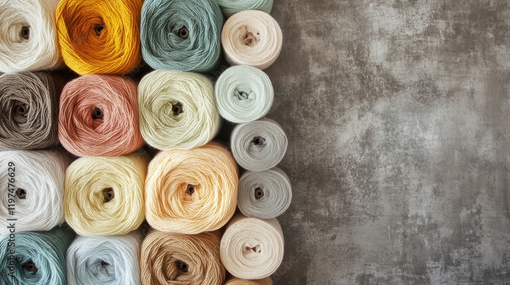 Poster multicolored yarn rolls arranged neatly on textured gray background with copy space for design purpo