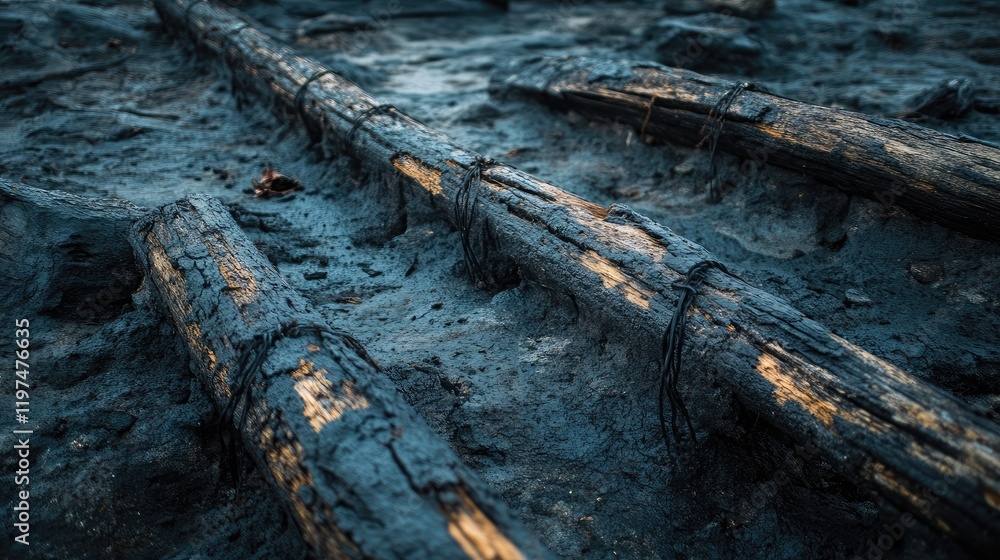 Poster old wooden logs covered in mud and debris in a low-light environment with copy space for text.