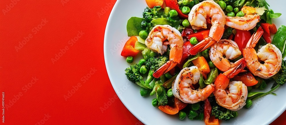 Poster colorful shrimp and vegetable salad on a white plate with vibrant red background featuring ample cop