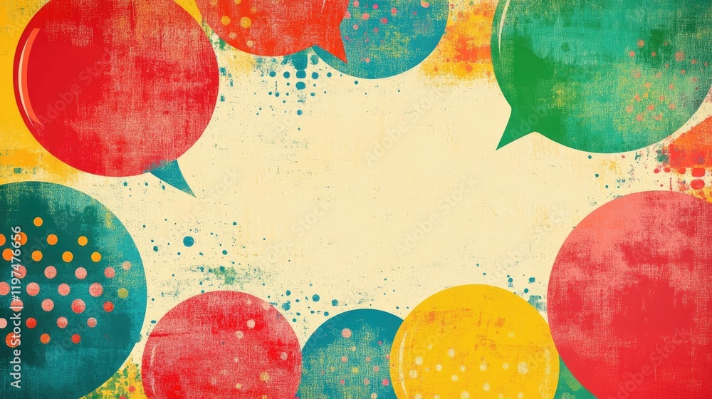 Poster colorful speech bubbles on grunge textured background with ample copy space for text placement