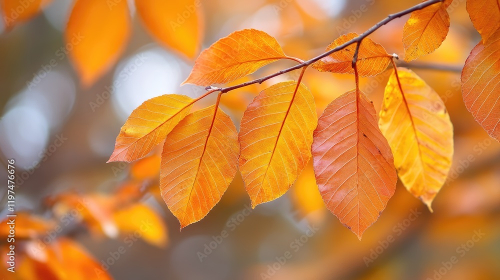 Poster autumn leaves in vibrant orange hues on a branch with soft blurred background and ample copy space f