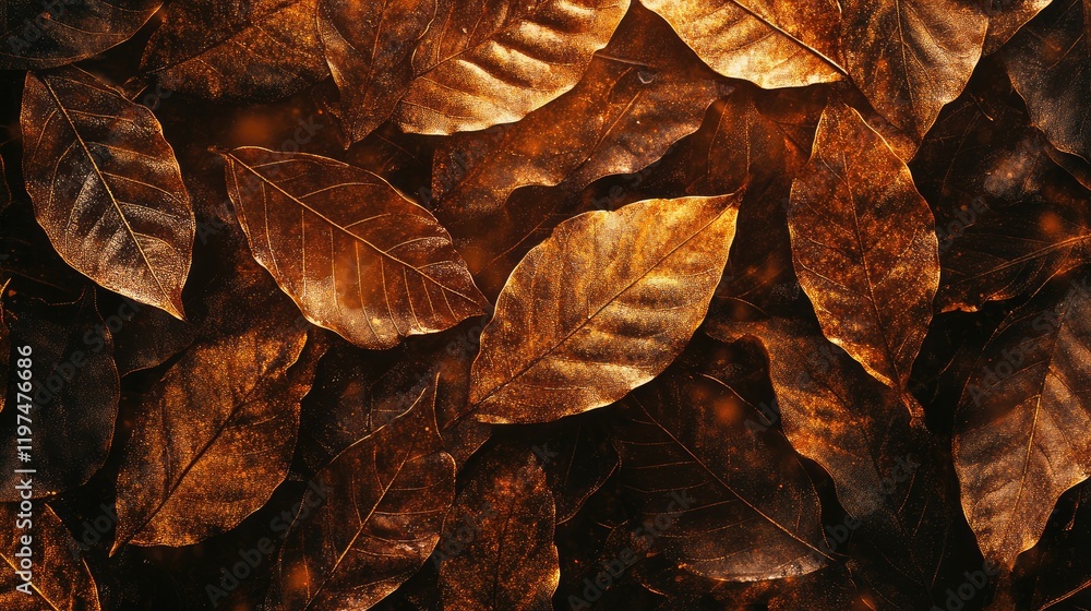 Poster brown and golden autumn leaves texture background with copy space for text placement