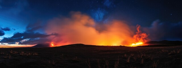 Fototapeta premium Volcanic Eruption at Night with Lava Flow and Smoke Plume in a Dark Sky Copy Space