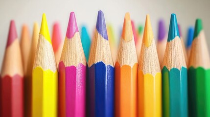 Colorful arranged pencil tips in a close-up view with a gradient of shades and textures, ideal for art and design themes Copy Space available