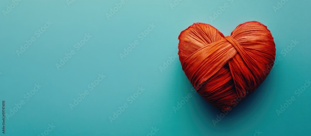 Poster heart shaped yarn ball on a turquoise background with ample copy space for text placement. ideal for