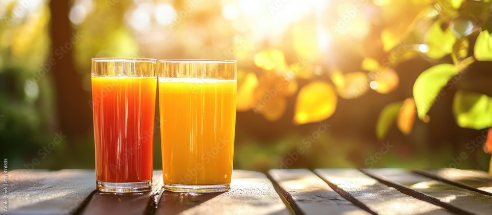Poster two refreshing fruit juice glasses in a sunlit garden setting with bright bokeh effect and copy spac