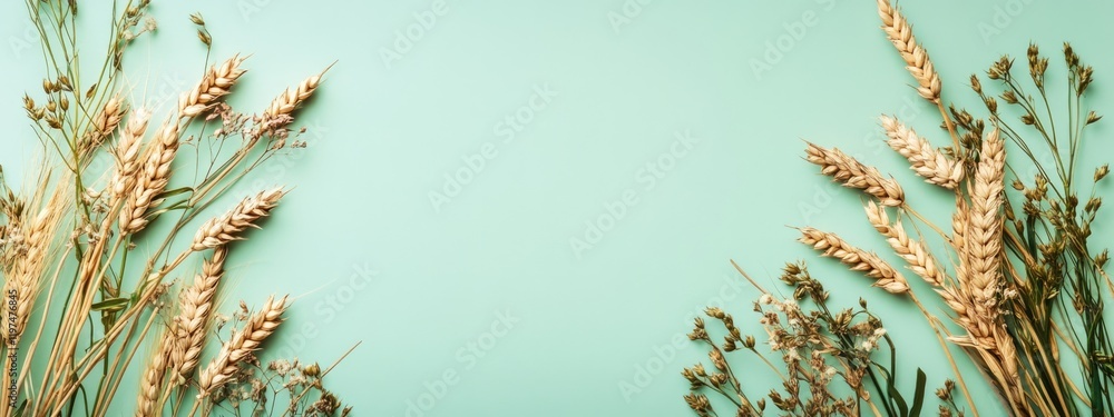 Poster dried wheat and herbs arranged on a mint green background with ample copy space for text placement.