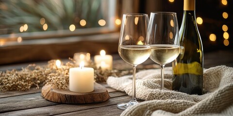 A romantic wine setup with two glasses, a bottle, and a candlelit ambiance.