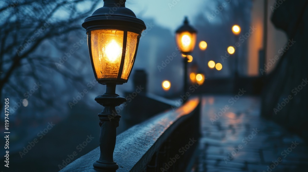 Poster street lanterns illuminating a foggy pathway at dusk with reflections on wet pavement and trees in t
