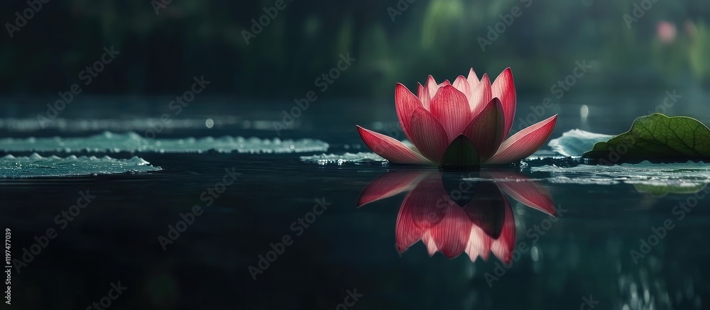 Poster serene pink lotus flower on tranquil water surface with reflections and lily pads natural setting wi