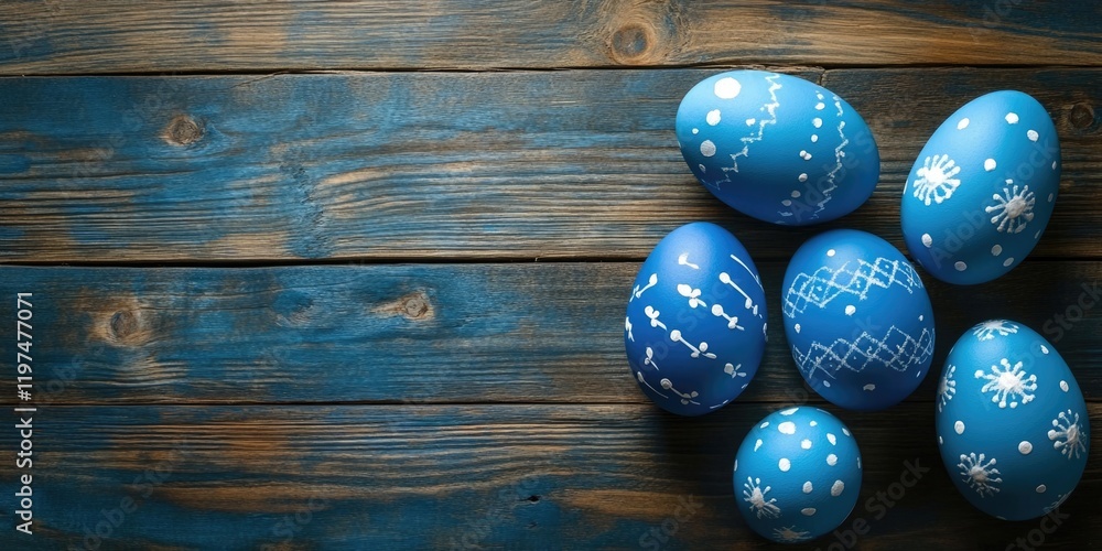 Poster blue easter eggs with white decorative patterns arranged on a rustic wooden surface with copy space 