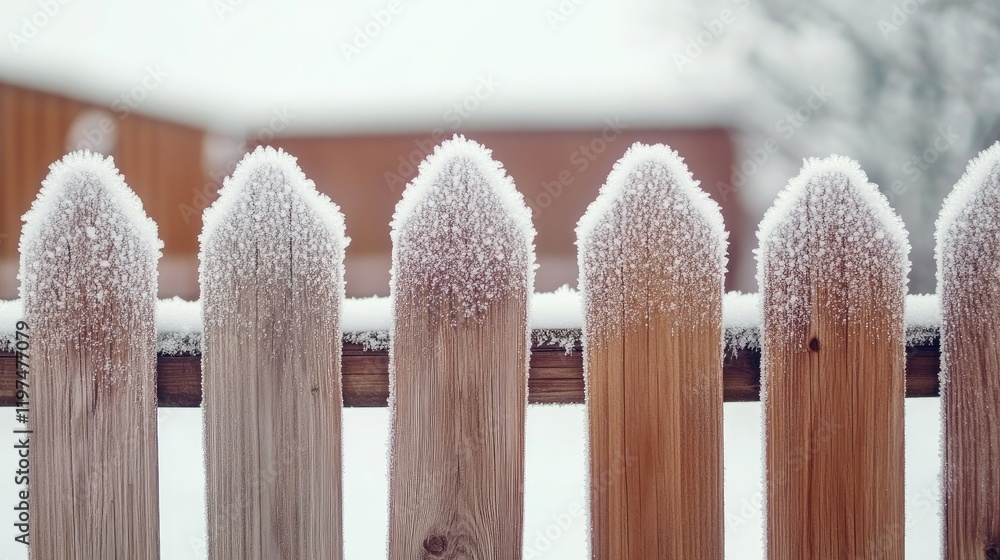 Poster frosted wooden fence posts covered in snow with blurred background and copy space for text