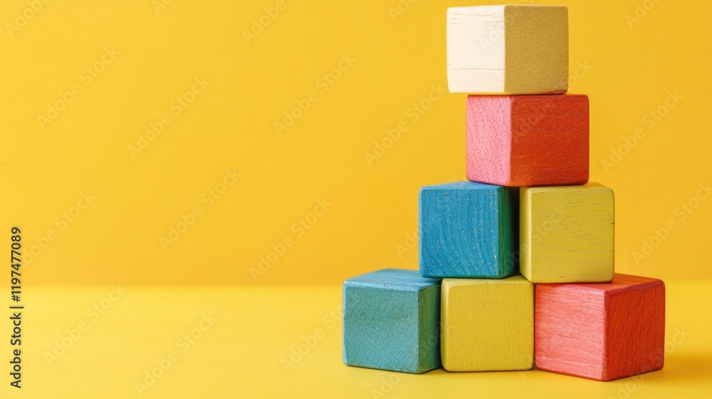 Poster colorful wooden building blocks stacked on a vibrant yellow background with ample copy space for tex