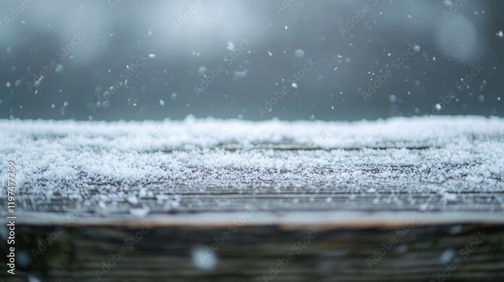Poster snowfall on a wooden surface with blurred background, showcasing delicate snowflakes and copy space 
