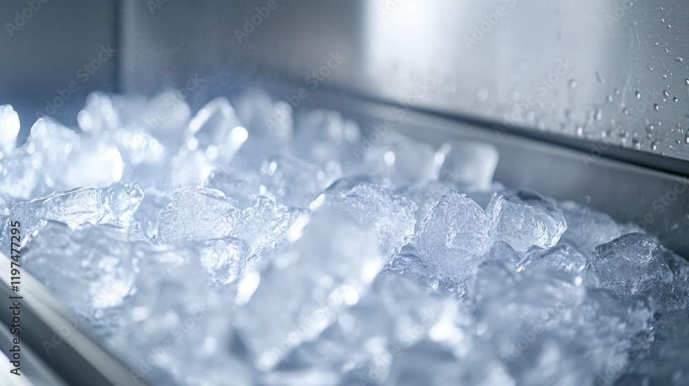 Poster ice cubes in a stainless steel container with condensation droplets on the surface and copy space fo