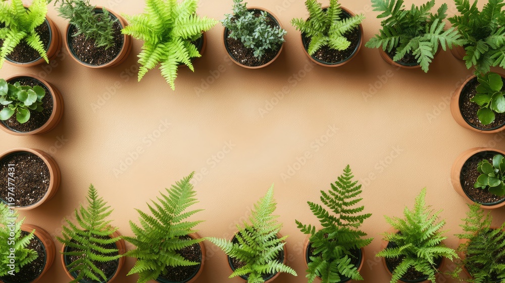 Poster pots of various green ferns and plants arranged in a circular pattern on a tan background with copy 
