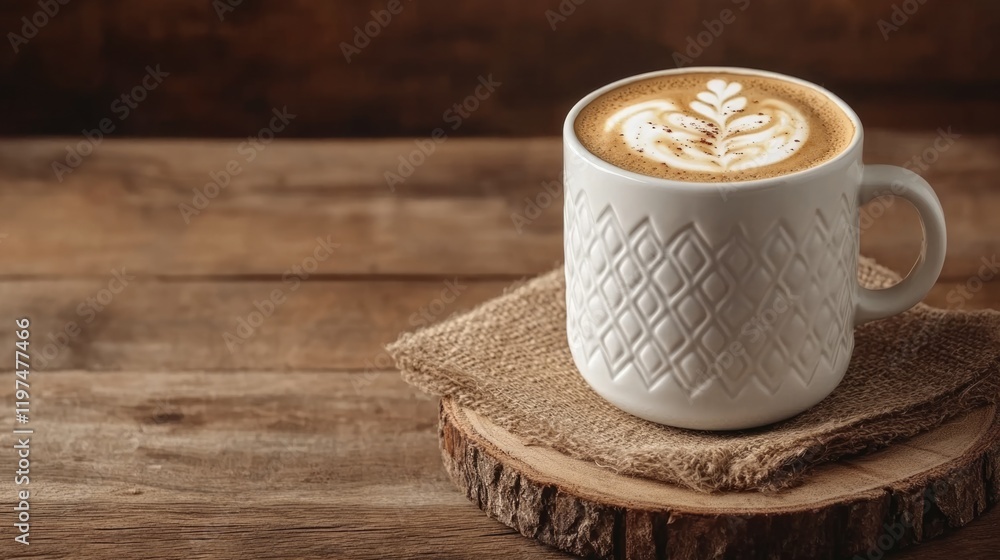 Poster coffee cup with latte art on wooden table with natural elements and copy space for text adding a war