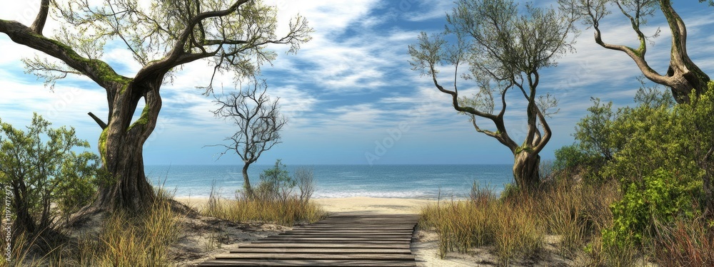 Poster coastal pathway leading to the beach with sparse trees and grass under a blue sky with clouds copy s