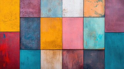 Colorful geometric abstract wall artwork with textured panels in various hues and shades, ideal for modern decor and design. Copy Space.