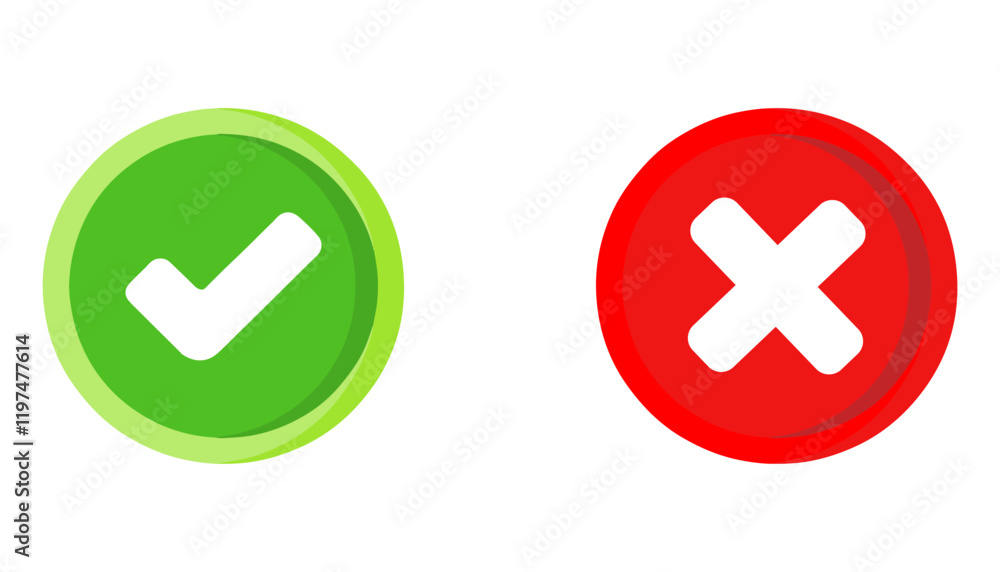 Poster right or wrong icons. green tick and red cross checkmarks. yes or no symbol, approved or rejected ic