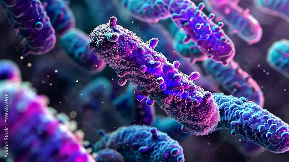 Poster close-up view of colorful bacteria under a microscope.