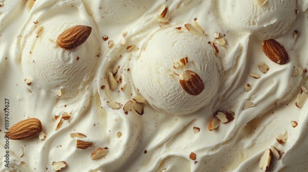 Poster creamy vanilla ice cream scoops garnished with whole almonds on a smooth background with ample copy 