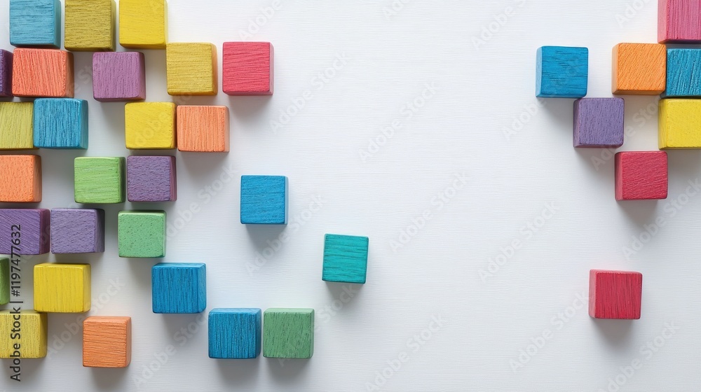 Poster colorful wooden building blocks arranged on a white surface with ample copy space for text insertion