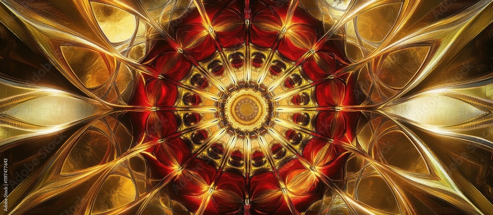 Poster abstract radial design with intricate patterns in warm colors of gold, red, and brown featuring copy