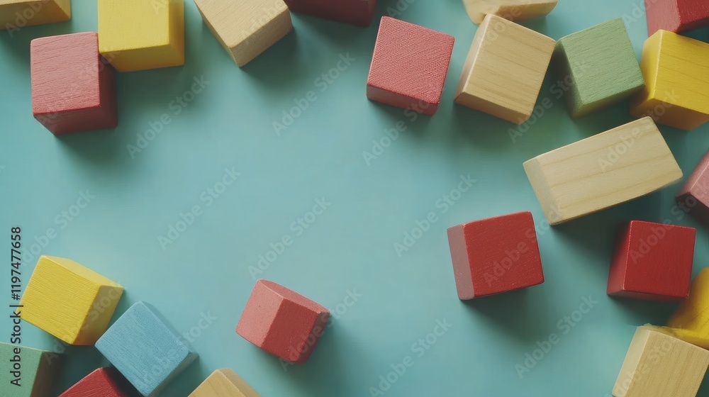 Aufkleber colorful wooden building blocks arranged on a turquoise background with ample copy space for text pl