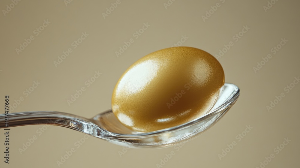 Poster golden egg resting on a silver spoon with a smooth texture and a neutral background ideal for minima