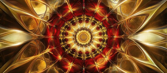 Abstract radial design with intricate patterns in warm colors of gold, red, and brown featuring copy space for text or graphics.