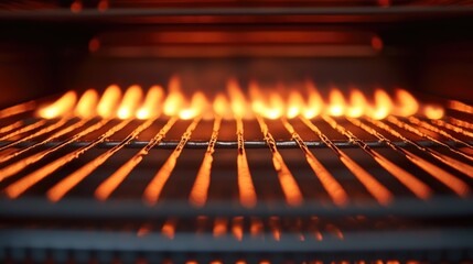 Close-up view of flames inside a gas oven with grilling racks visible and warm orange hues illuminated, Copy Space