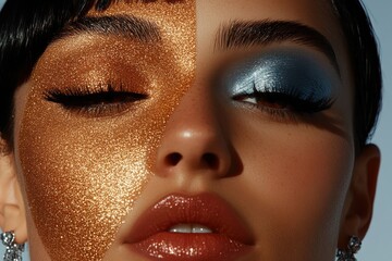 Beauty and glamour captured in contrasting makeup styles with shimmering bronze and vibrant blue hues on model's face