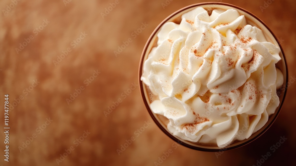 Poster creamy dessert topped with whipped cream and sprinkle on a wooden table with ample copy space for te