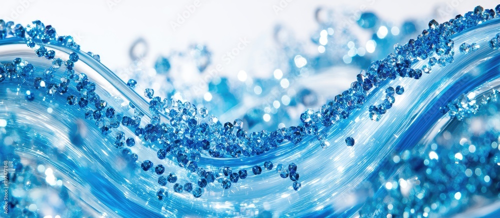 Poster abstract image of swirling blue water with bubbles and droplets on a light background featuring ampl