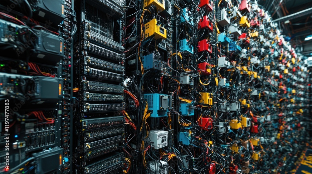 Poster data center server racks with colorful cables and connectors in a high-tech environment copy space