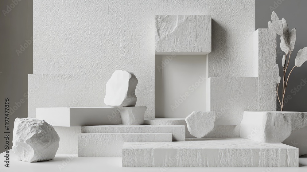 Poster white minimalist composition with geometric shapes and natural elements on a light background featur