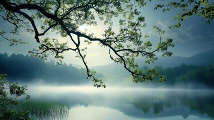 A calm landscape where a tree branch arches towards a quiet body of water, embodying serenity and stillness.