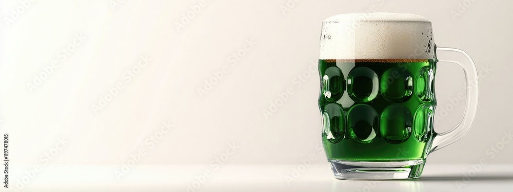 Poster green beer in a glass mug with frothy head against a neutral background and ample copy space for tex