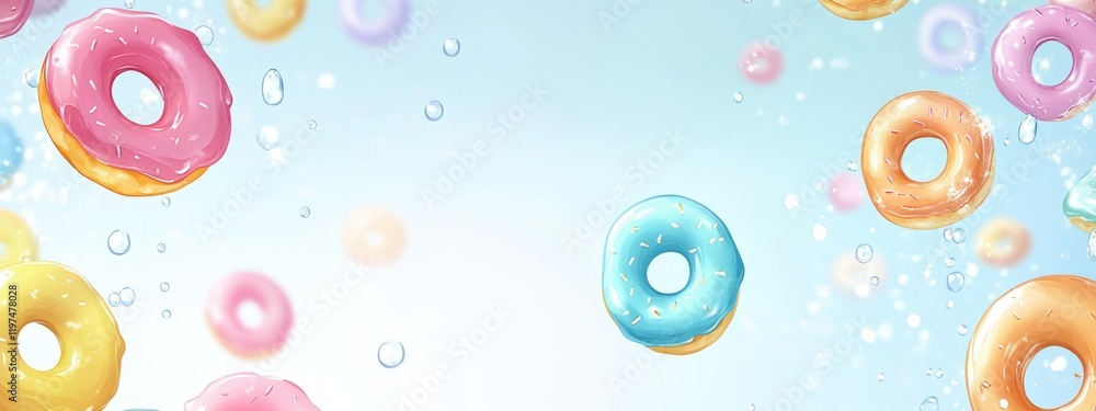Poster colorful donuts floating in water bubbles with light background and ample copy space for text additi