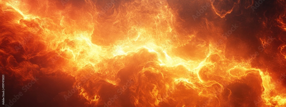 Poster fiery orange and yellow flames with dark smoke clouds in dynamic abstract pattern suitable for backg
