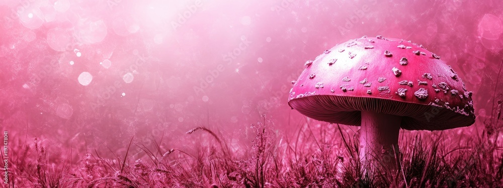 Aufkleber close-up of a pink mushroom in a misty environment with bokeh effects and soft grass in the backgrou