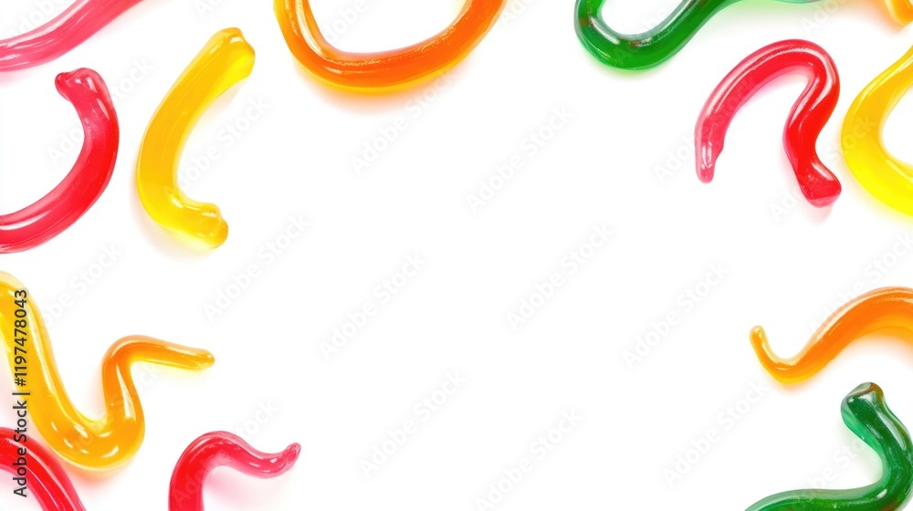 Poster colorful gummy worms arranged in a circular pattern on a white background with ample copy space for 