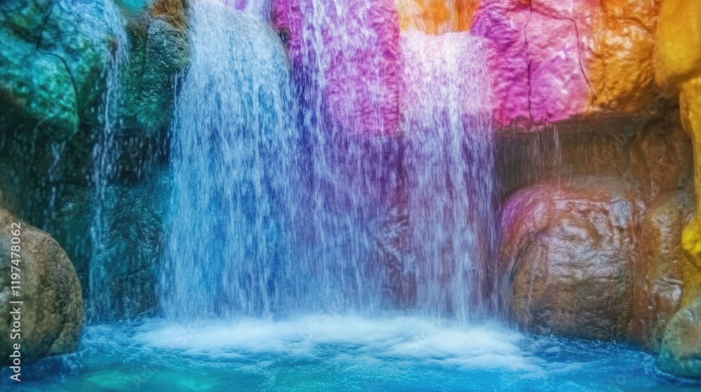 Poster colorful water cascading over a vibrant rock formation into a serene pool below with reflections and