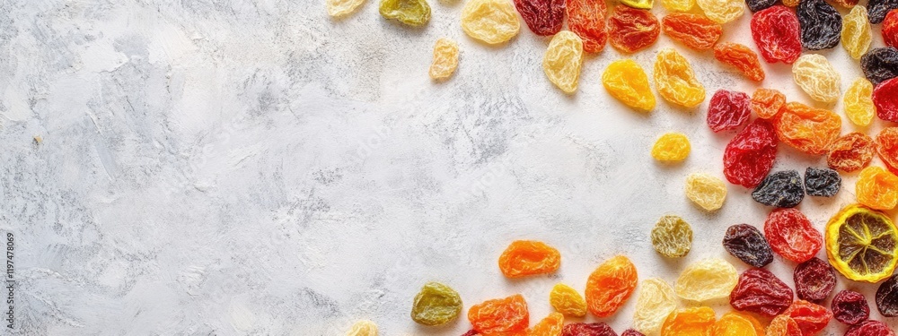 Poster dried fruits assortment on a textured gray background with copy space for text or design elements