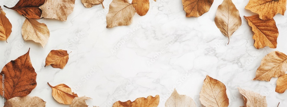Poster dried autumn leaves arranged around a blank marble background with copy space for text placement