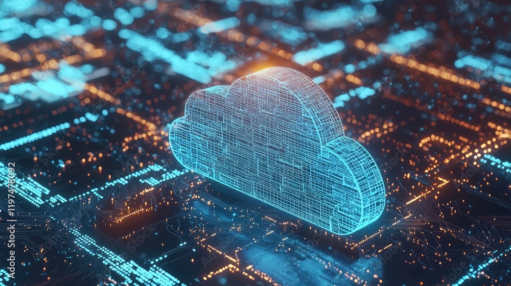 Poster digital cloud hologram illuminated in blue and orange hues, representing advanced cloud computing, t