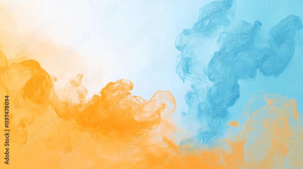 Poster colorful abstract smoke or fog background in orange and blue tones with copy space for text or graph