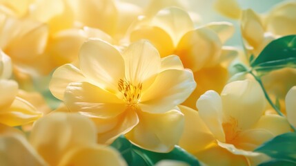 Fototapeta premium Yellow blooming flowers with soft petals and green foliage in a bright natural setting featuring ample copy space for text placement.