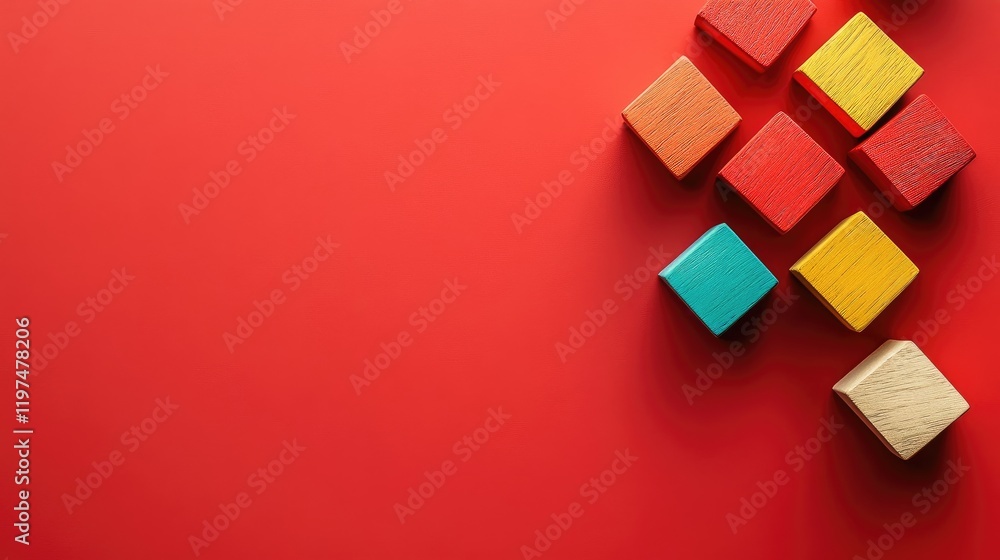 Aufkleber colorful wooden blocks arranged on a vibrant red background with ample copy space for text or graphi